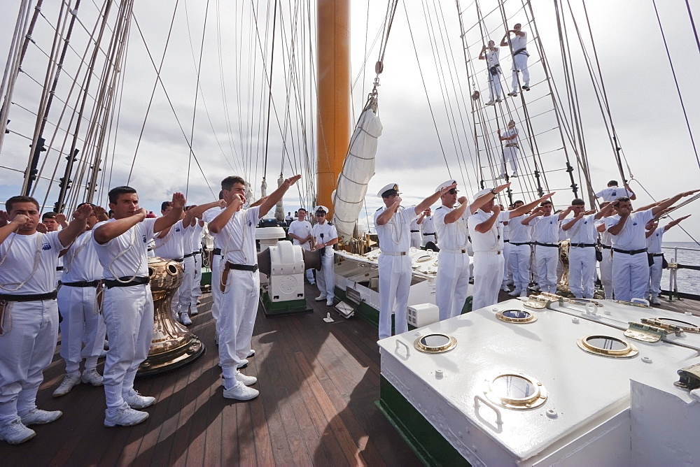 Whistle demonstration on board the four-mast barquentine, Chilean Navy Training Ship Esmeralda in Hanga Roa Harbour, Rapa Nui (Easter Island), Chile