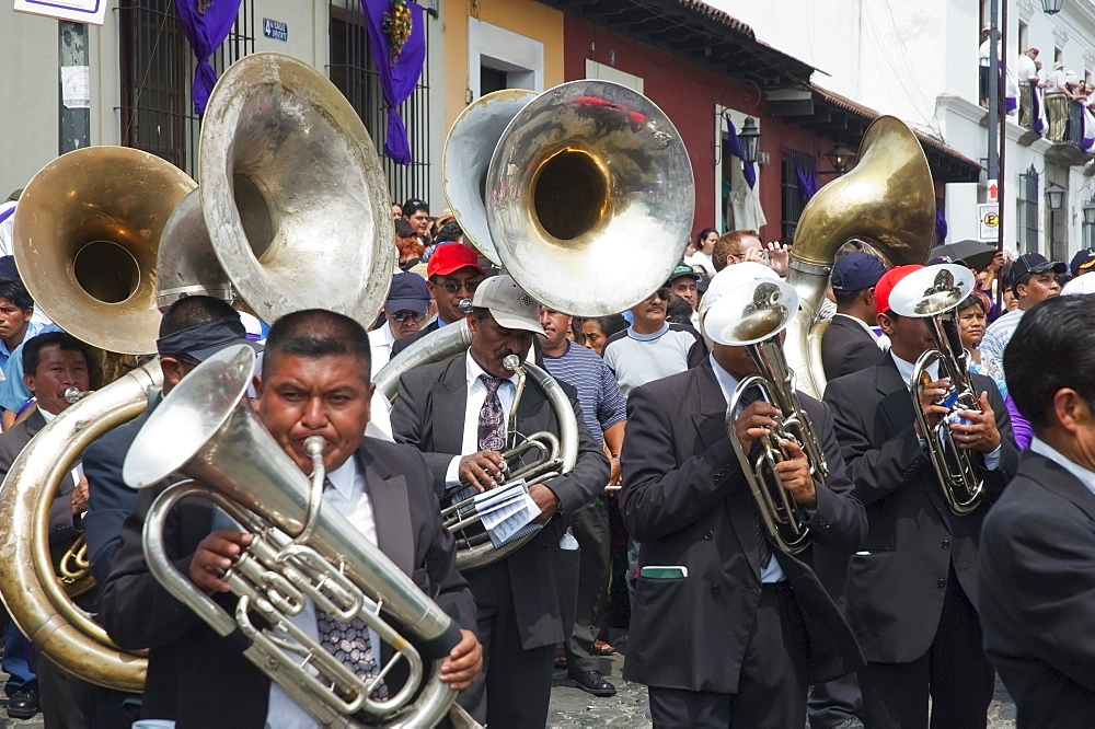 A music band plays funeral marches during the Procession of the Holy Cross on Good Friday in Antigua Guatemala, Sacatepuquez, Guatemala