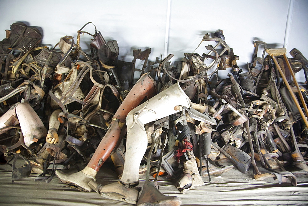 Pile of prosthetic devices belonging to handicapped people murdered at the Auschwitz Concentration Camp, Oswiecim, Malopolska, Poland