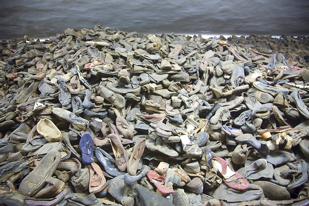 Pile of shoes belonging to people murdered at the Auschwitz Concentration Camp, Oswiecim, Malopolska, Poland