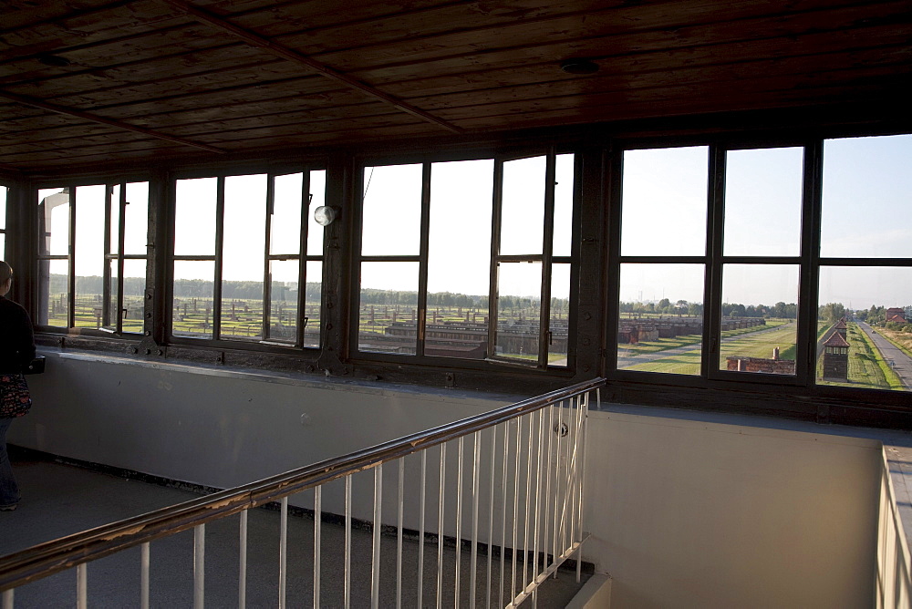 View from the main guard house (Gate of Death), Auschwitz-Birkenau Concentration Camp, Oswiecim, Malopolska, Poland