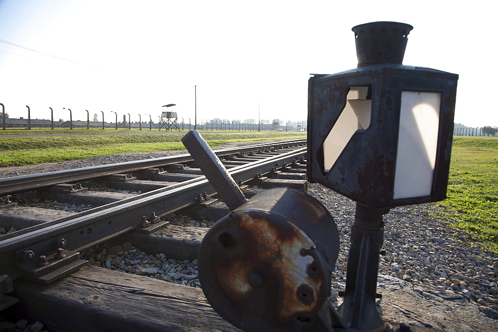 Switch on the railway track along the 'Selektionsrampe', the platform where people where selected to die in the gas chambers immediately or to work to death at the Auschwitz-Birkenau Concentration Camp, Oswiecim, Malopolska, Poland