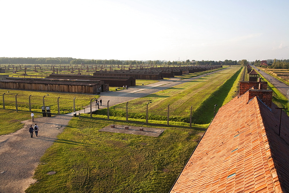 View of the Medical Barracks from the Main Guard House, Auschwitz-Birkenau Concentration Camp, Oswiecim, Malopolska, Poland