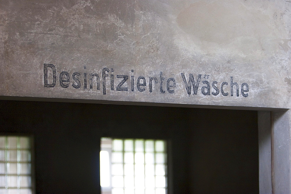 German sign 'Desinfizierte W√É¬§sche' (Disinfected clothes) inside the Sauna, Auschwitz-Birkenau Concentration Camp, Oswiecim, Malopolska, Poland