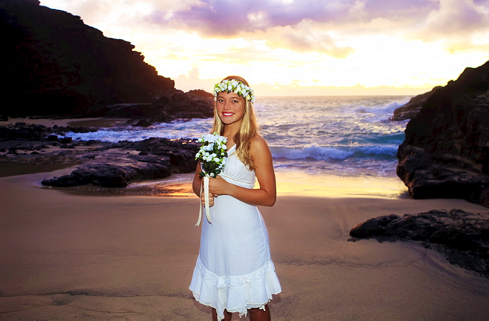 Hawaii, Oahu, Eternity Beach, Portrait of a newlywed bride