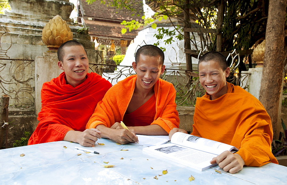 South East Asia, Laos, Luang Prabang, Three young monks sudy in the temple garden.