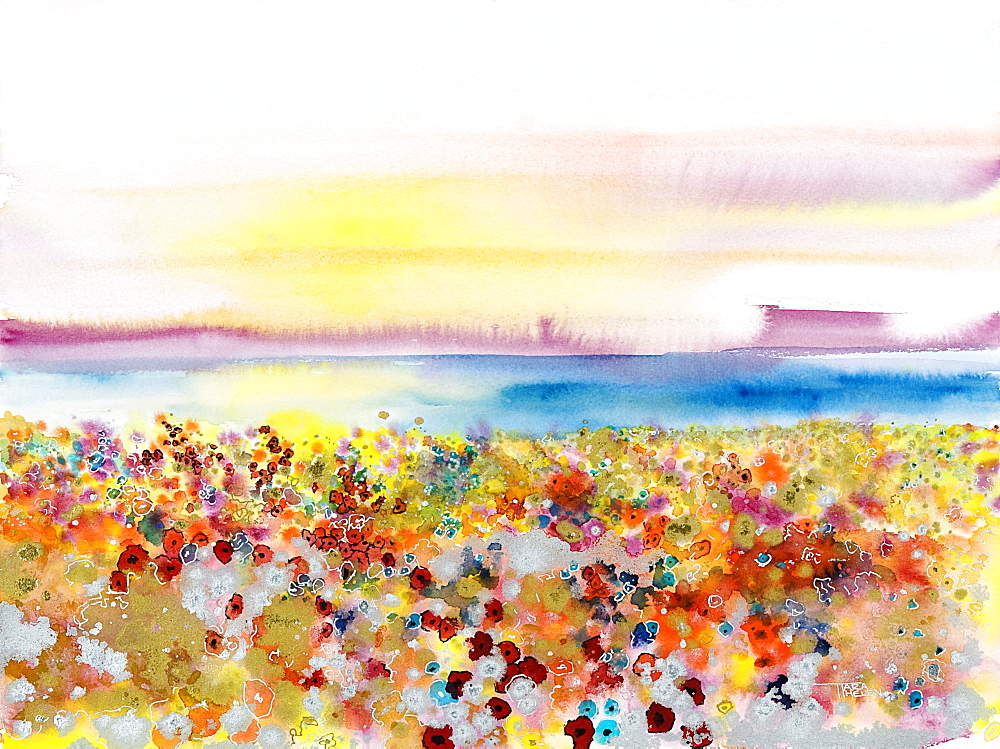 Field of Joy, Abstract landscape of bejeweled field of flowers (Watercolor painting).