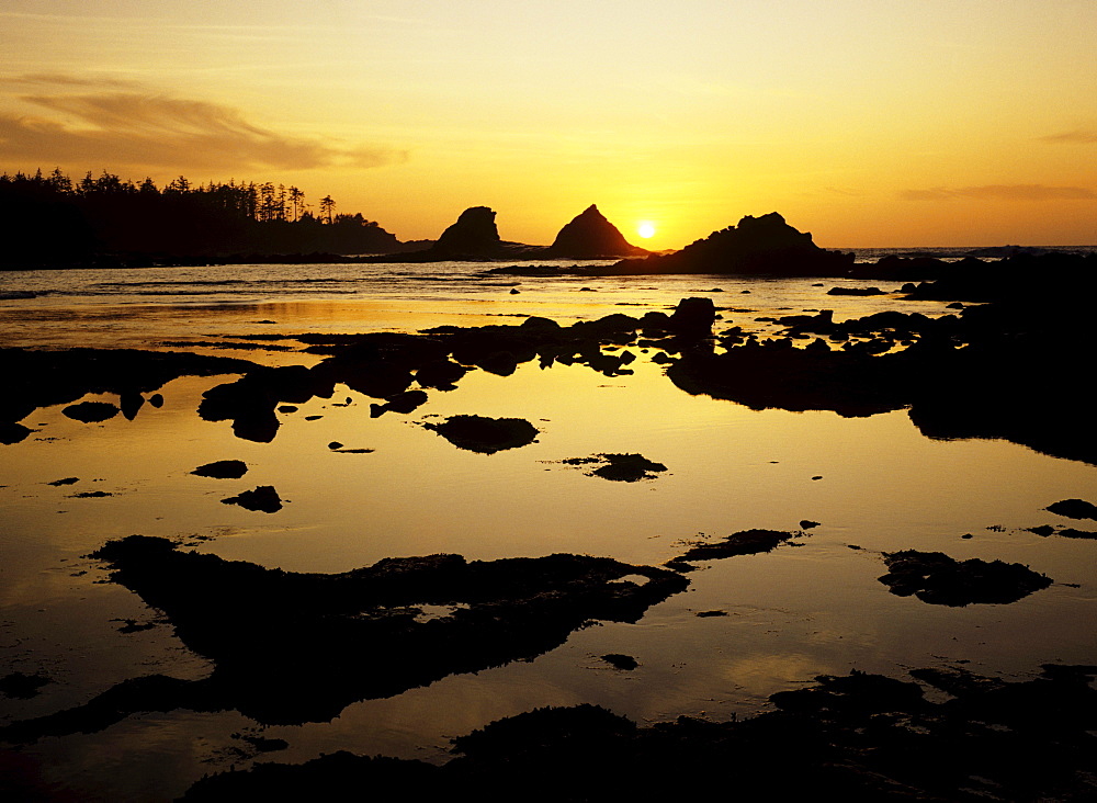 Oregon Coast, Sunset Bay State Park, Sunset over rocks and tidepools.