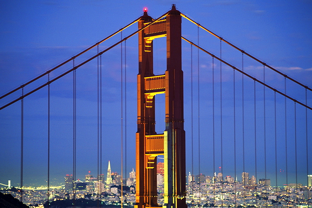 California, San Francisco, Golden Gate Bridge from Marin County hillside.