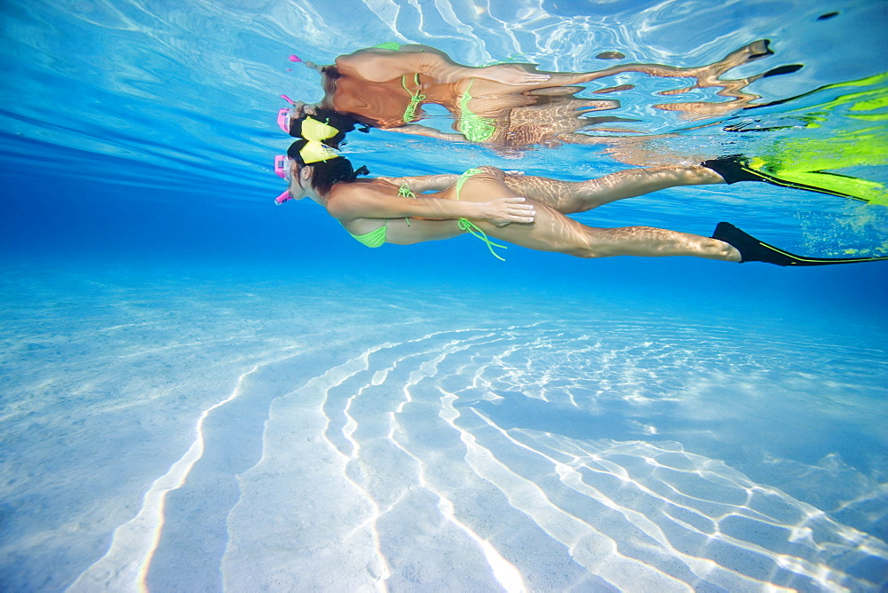 French Polynesia, Moorea, Woman free diving in turquoise ocean.