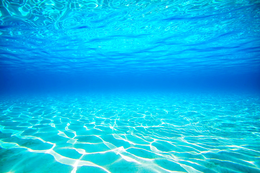 French Polynesia, Underwater sandy bottom and surface reflection.