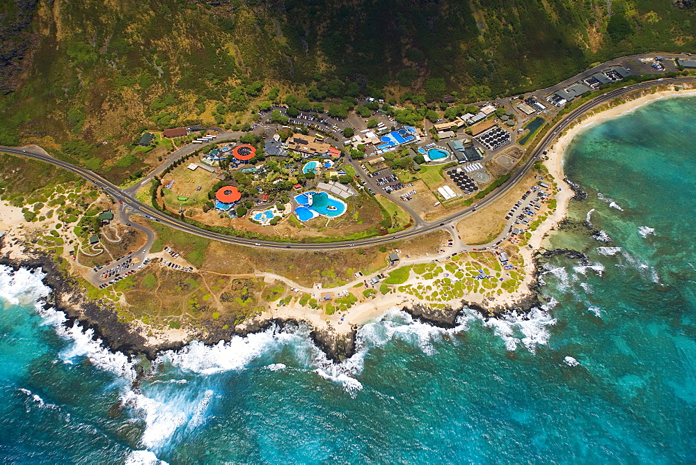 Hawaii, Oahu, Aerial view of Sea Life Park and Makapu'u Beach.