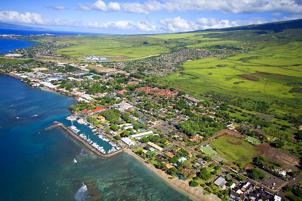 Hawaii, Maui, Lahaina, aerial view of harbor and town.