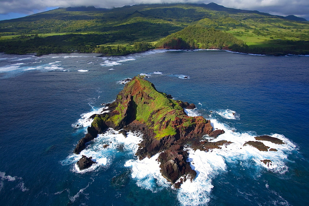 Hawaii, Maui, Hana, aerial of Alau Islet near Koki Beach.