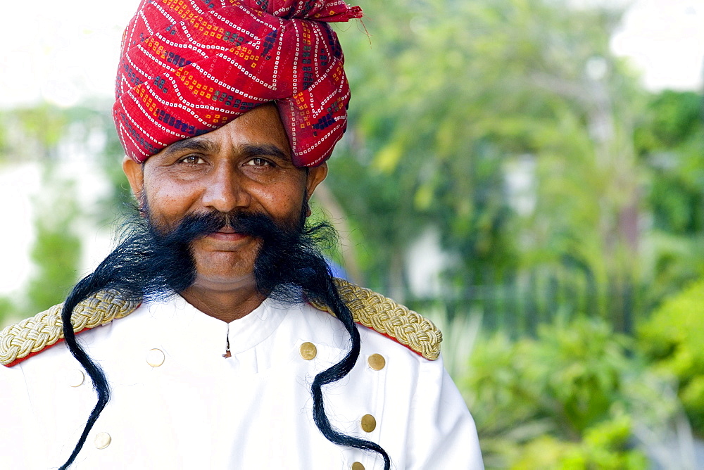 India, Rajasthan, Jaipur, Park Plaza Hotel, Doorman with great moustache.