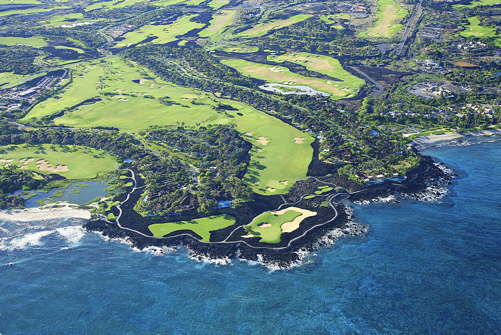 Hawaii, Big Island, Kona, Four Seasons Resort Hualalai Golf Course, Aerial View.