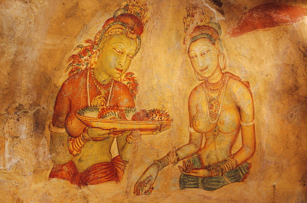 Sri Lanka, Sigiriya Rock, Ancient painting on cave wall.