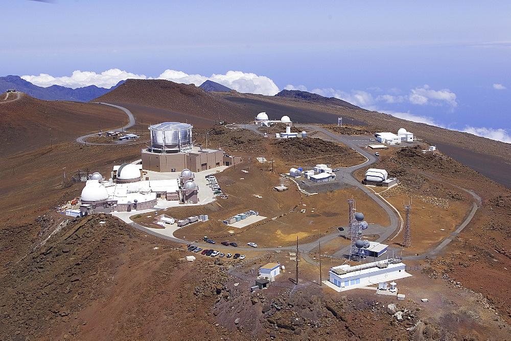 Hawaii, Maui, Aerials of Science City, view of telescopes on the top of Haleakala Crater.