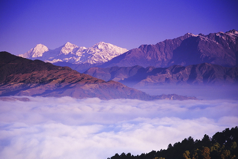 Nepal, Nagarkot, distant view of central Himalayas from hillside, cloud cover below, purple dusky lighting.