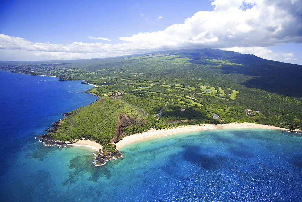 Hawaii, Maui, Makena, aerial of Little Beach and Big Beach.