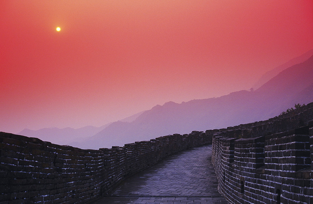 China, Mu Tian Yu, The Great Wall of China, bright red sky and distant moon