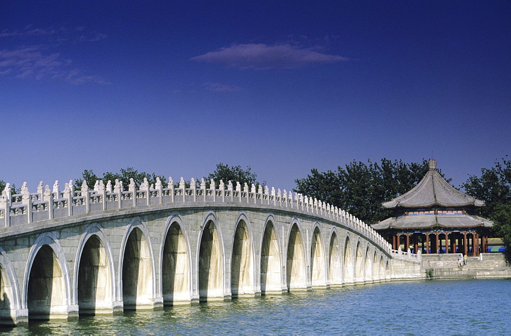 China, Summer Palace, Seventeen Arch Bridge, looking across to outdoor pavilion