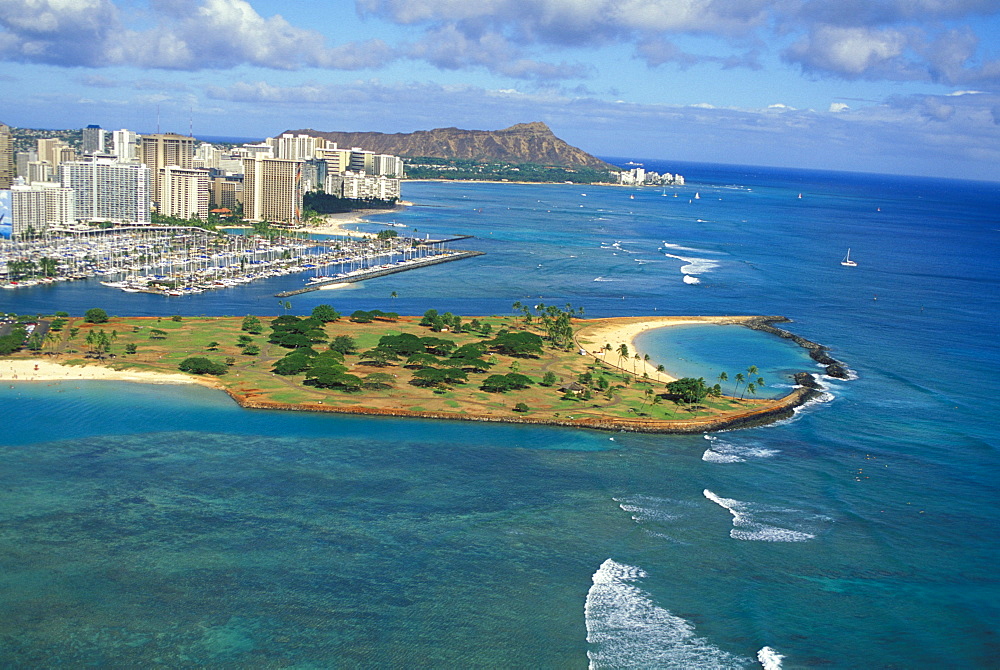 Hawaii, Oahu, Aerial of Diamond Head, Waikiki and Magic Island, Blue reef