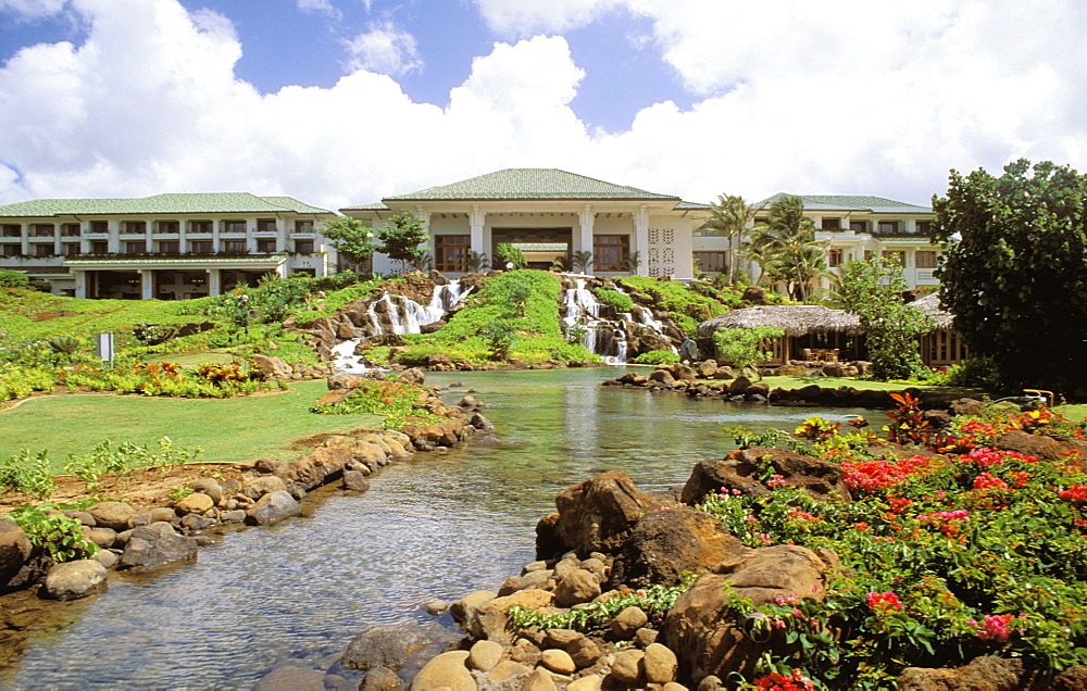 Hawaii, Kauai, Hyatt Regency Kauai Poipu Beach, landscape and gardens.