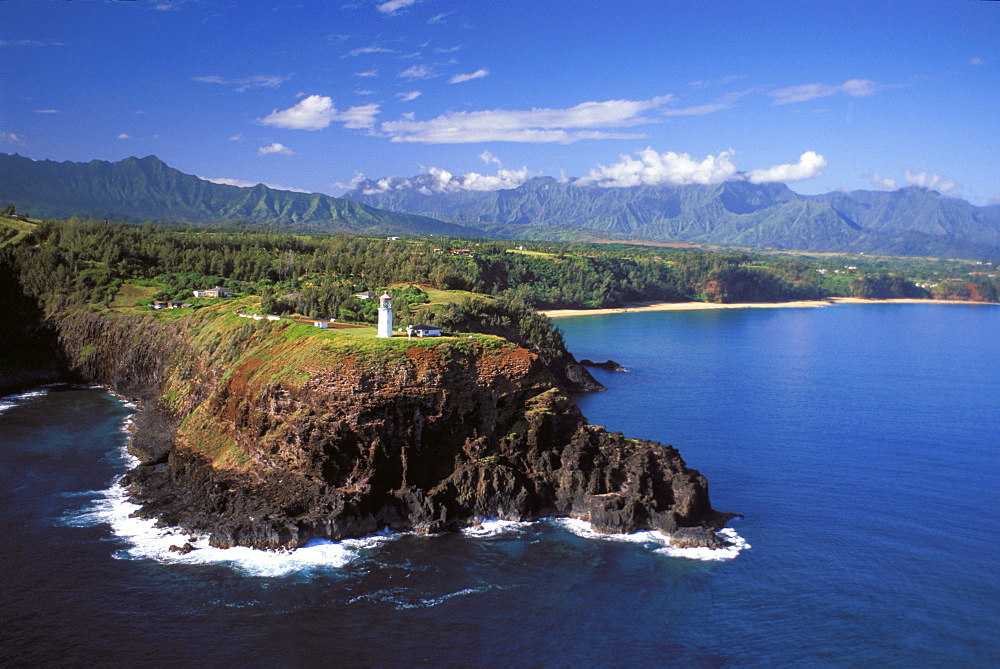 Hawaii, Kauai, Aerial of Kilauea lighthouse where ocean meets rocky point