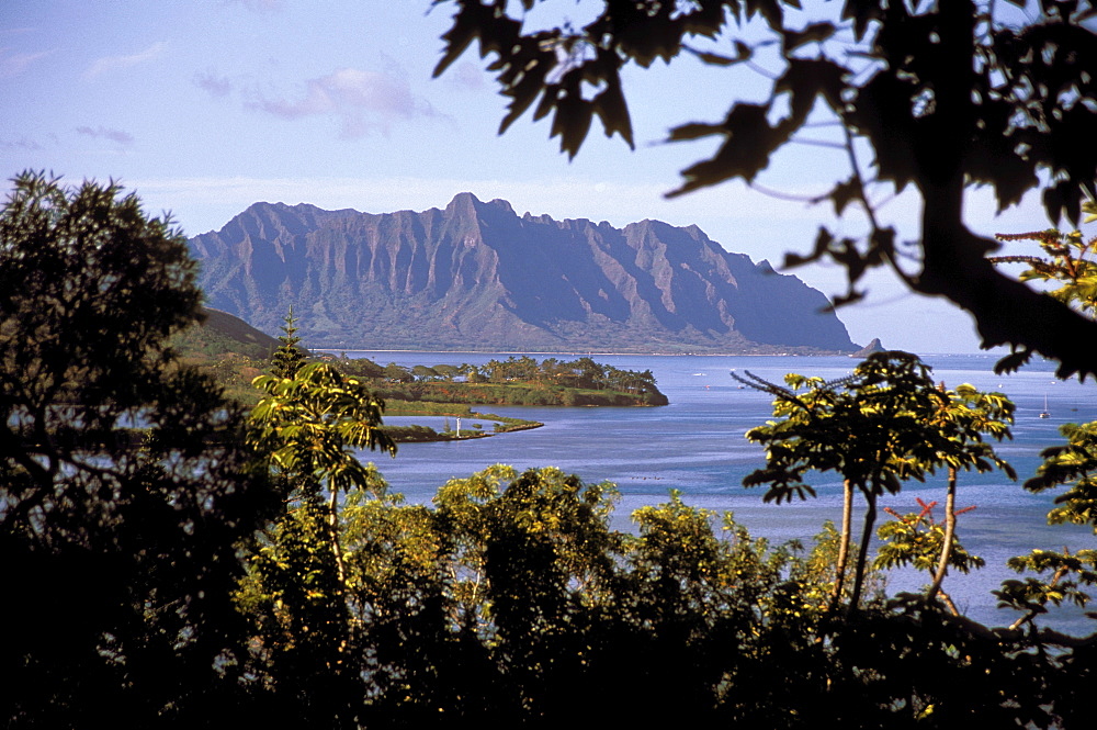 Hawaii, Oahu, View from shadows of Kaneohe Bay in afternoon.