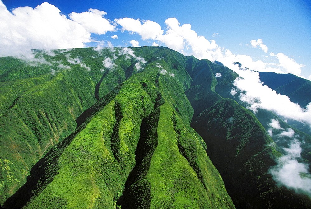 Hawaii, Maui, Crevices descending from Pu'u Kukui, Clouds in sky