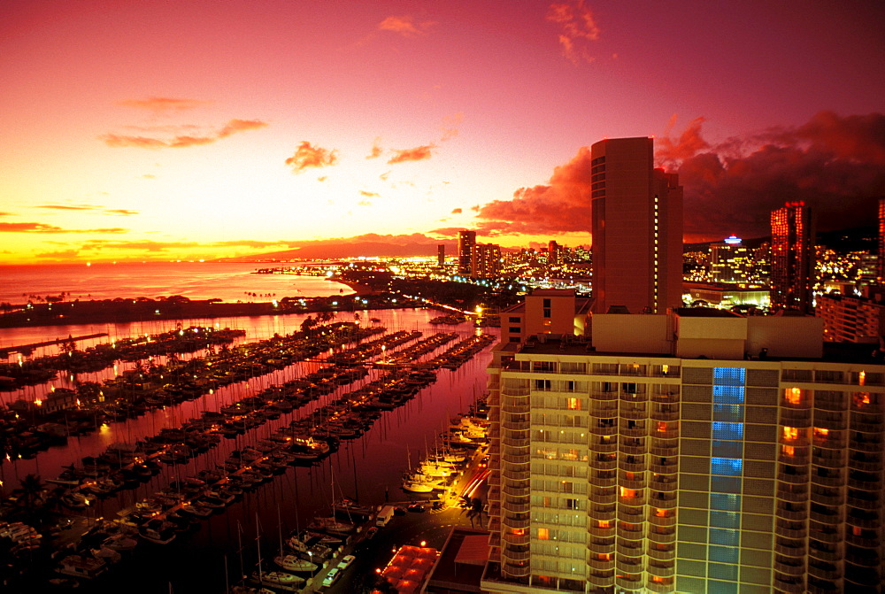 Hawaii, Oahu, Waikiki, sunset view across Ala Wai harbor