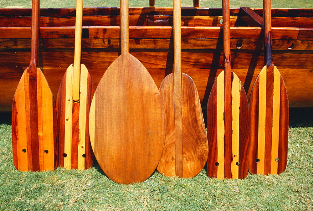 Hawaii, Different shaped canoe paddles in front of koa canoe