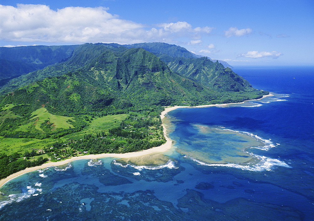 Hawaii, Kauai, Tunnels Beach to Ke'e Beach and Haena State Park with the Na Pali Coast in the distance