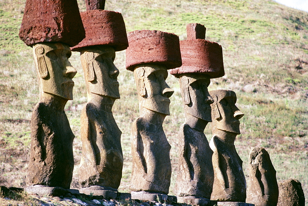 Easter Island, line of ancient stone statues