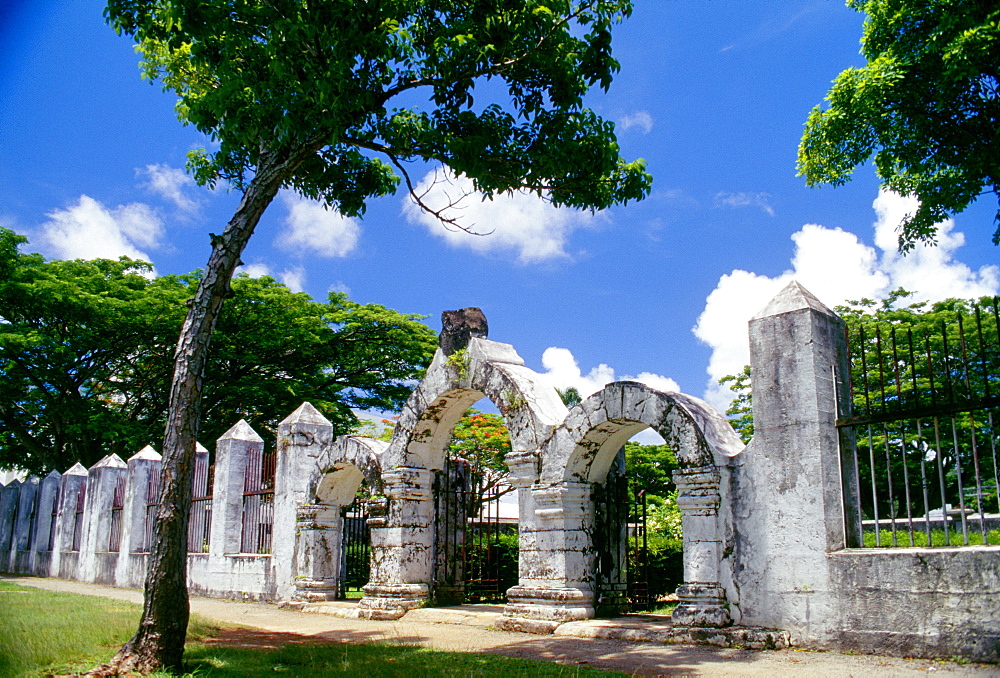 Micronesia, Guam, Agana, Plaza De Espana, view of gateway from exterior