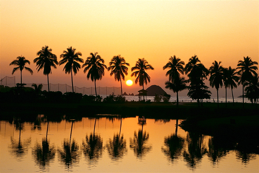 Mexico, Ixtapa, Sunset with palms, reflections on water foreground 