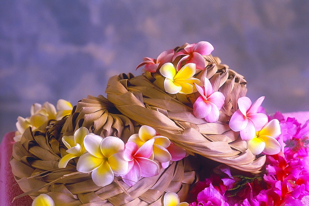 Plumeria Flowers On Hawaiian Woven Hats, Palm Frond Hats Studio Shot A39B