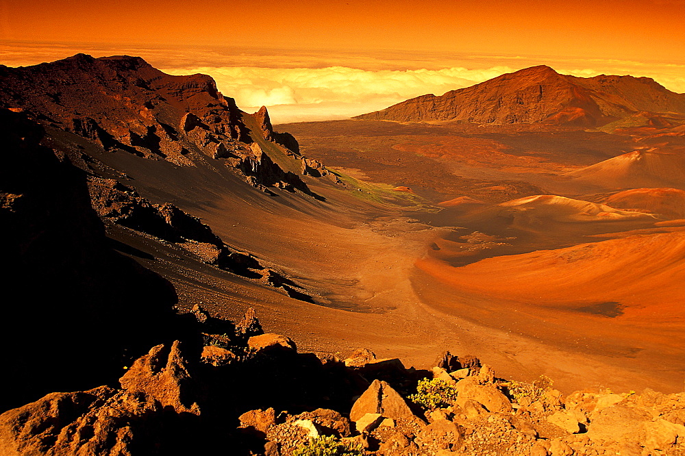 Hawaii, Maui, Golden sunlight over Haleakala Crater, National Park