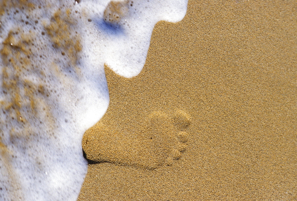 Single footprint in the sand with foamy wave washing onto shore