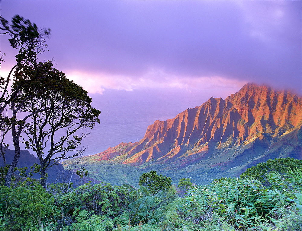 Hawaii, Kauai, Na Pali Coast, Kalalau Valley, Kaaalahina Ridge, purple sky B1535