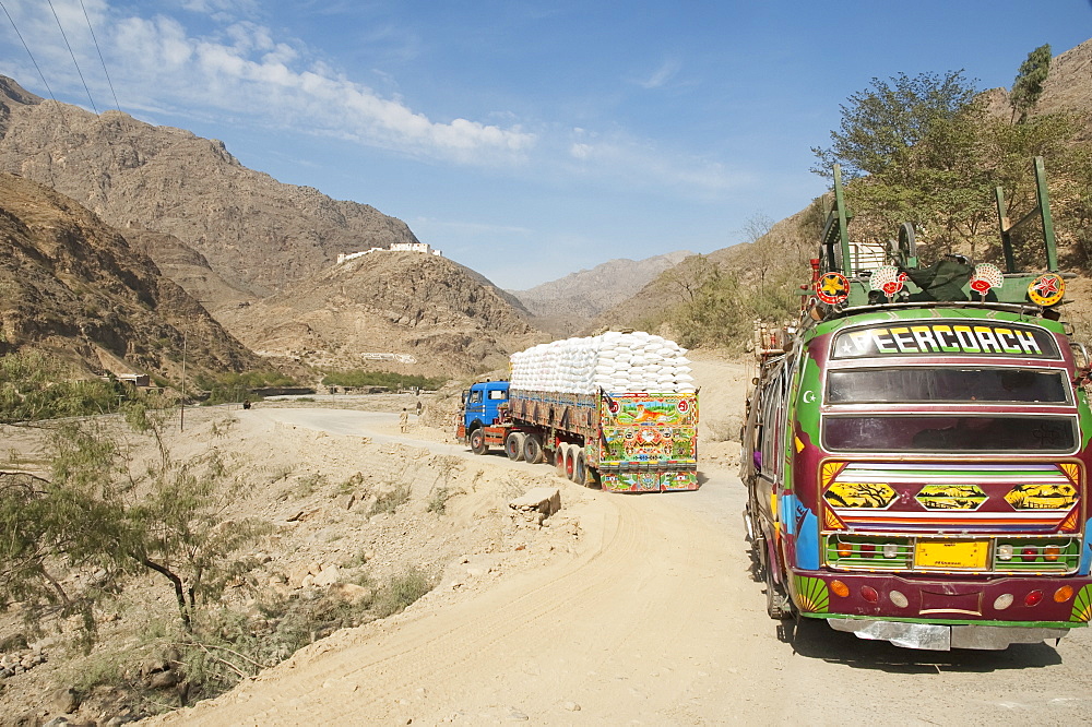 Pakistani Truck And Bus Travelling On The Khyber Pass, Federally Administered Tribal Areas, Pakistan