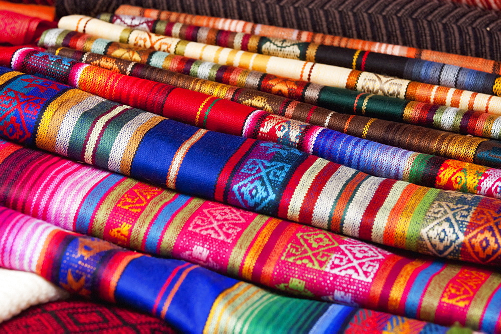 Andean Textiles For Sale At The Saturday Crafts Market, Otavalo, Imbabura, Ecuador