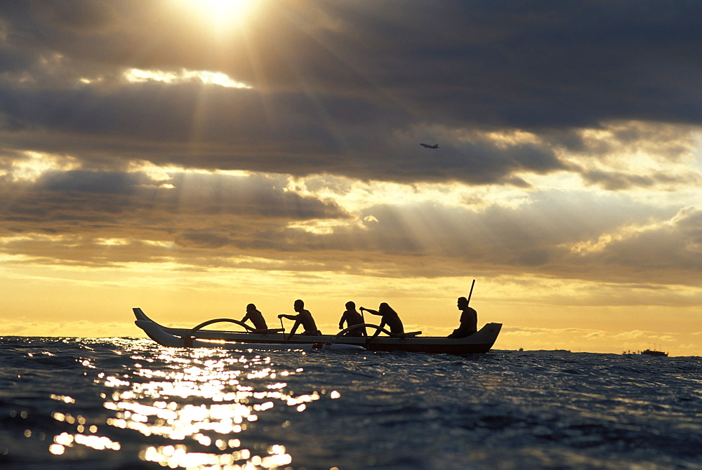 Hawaii, Outrigger Canoe, Silhouette At Sunset, Dramatic Sky, Golden Rays