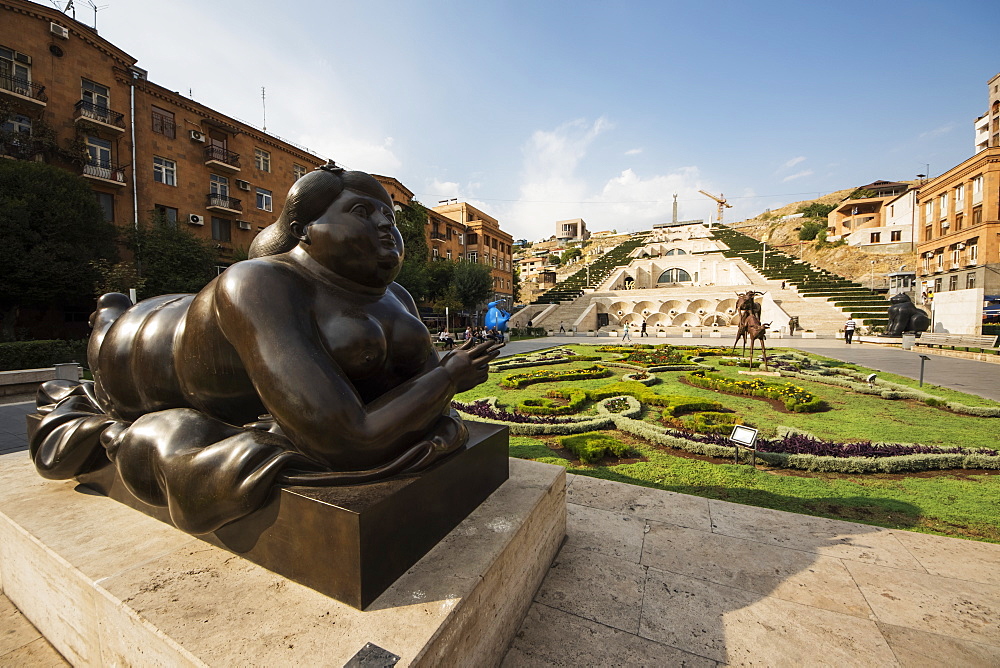 Woman Smoking a Cigarette, sculpture by Fernando Botero on display at the Cafesjian Museum of Art in the Yerevan Cascade, Yerevan, Armenia