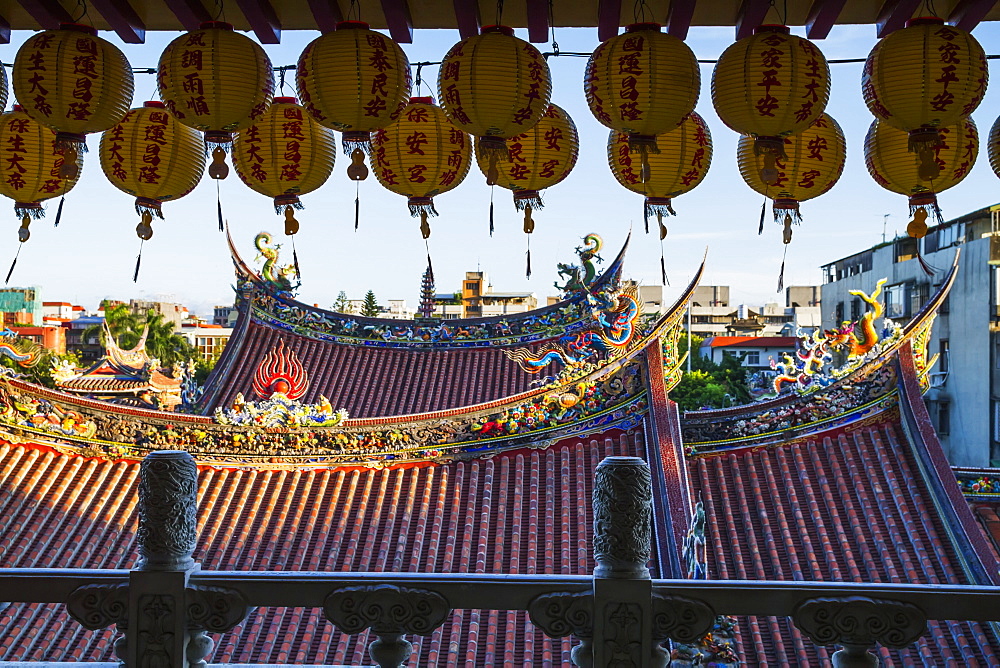 Paper lanterns and roofs of the Dalongdong Baoan Temple, Taipei, Taiwan