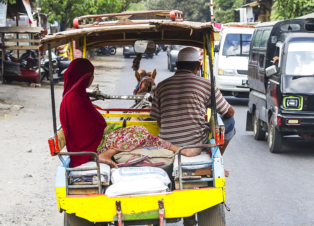 Couple on a cidomo, a horse-drawn carriage, Lombok, West Nusa Tenggara, Indonesia