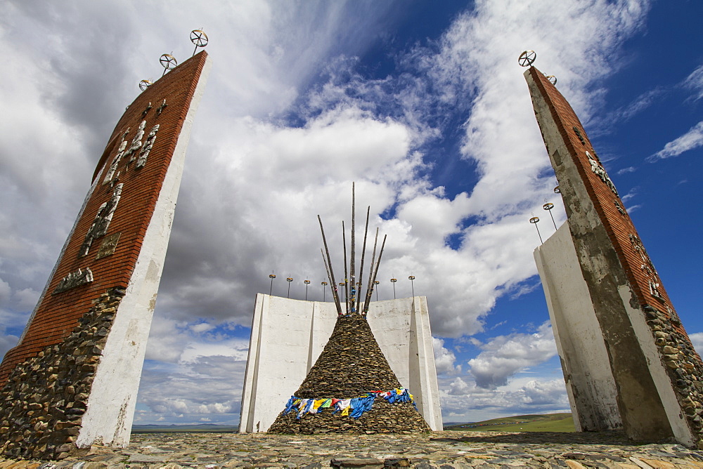 Ovoo with prayer flags in the Great Imperial Map Monument, Kharkhorin (Karakorum), Ã–vÃ¶rkhangai Province, Mongolia