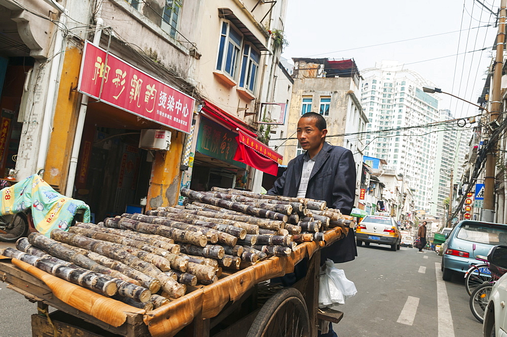 Man pushing a cart full of cut wooden logs at the traditional street market, Xiamen, Fujian province, China