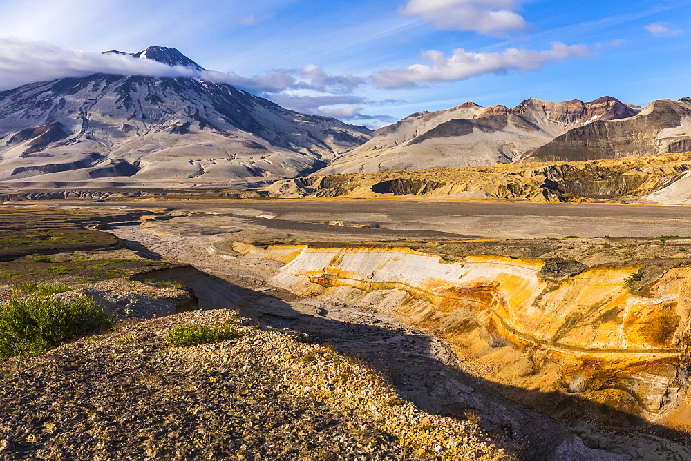 Mt. Griggs rises over the ash- and pumice-covered Valley of Ten Thousand Smokes in Katmai National Park. The ash-covered Knife Creek Glaciers can be seen coming out of the valley at right; Alaska, United States of America